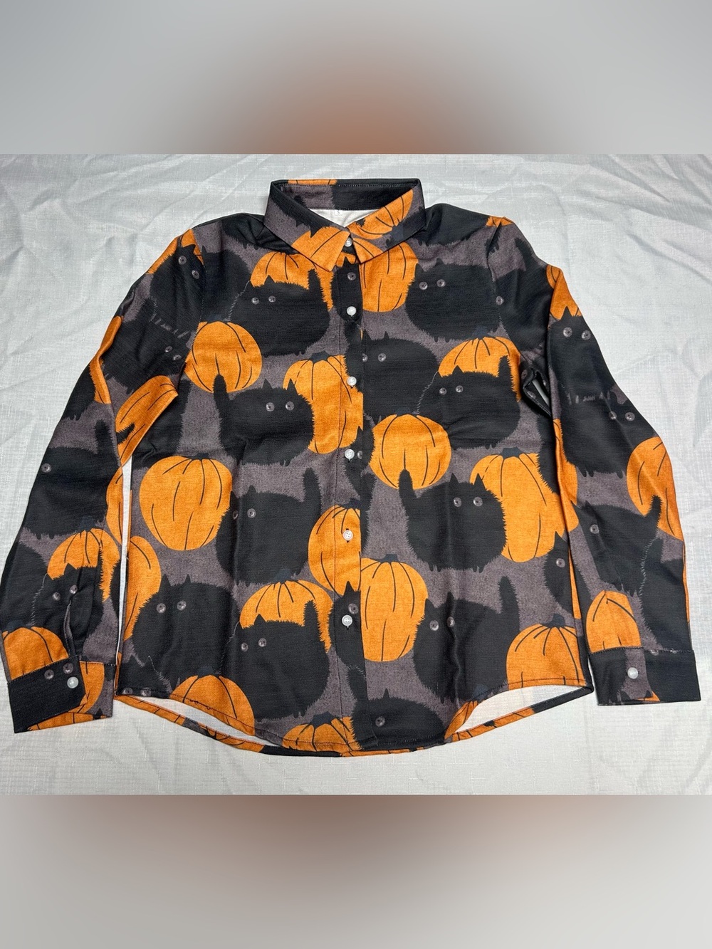 Women’s Halloween Fall Black Cat Pumpkin Print Button-Down Shirt Size Small